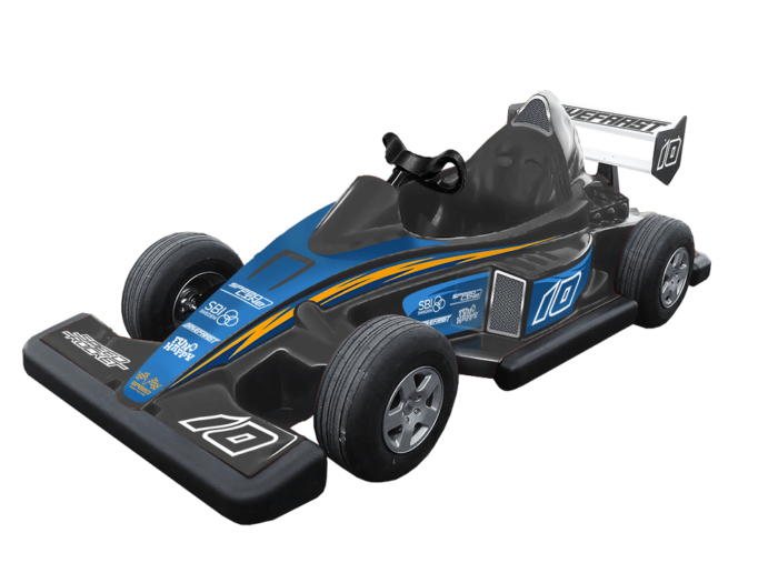 Racing black F1S Racing electric car for children, manufactured by SBI Sweden for amusement parks