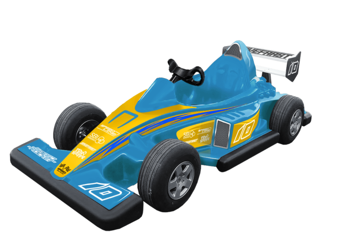 Racing blue F1S Racing electric car for children, manufactured by SBI Sweden for amusement parks