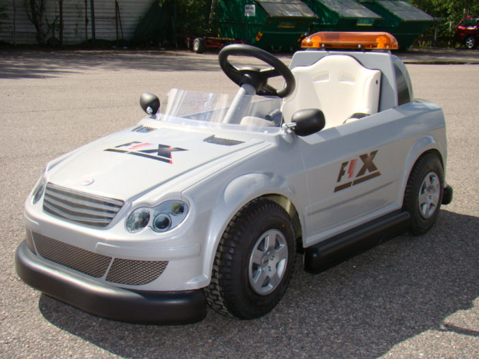 A fleet of safety cars being driven by children, designed for fun and interactive play in a secure environment by SBI Sweden