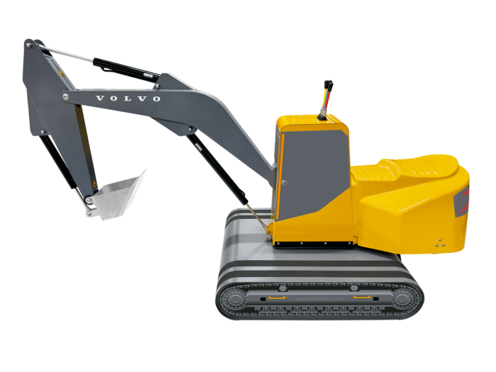 A product image of the Volvo Mini Digger, highlighting its compact design, digging arm, and durable construction, ideal for small-scale excavation and construction work design and features tailored for children's play and interaction