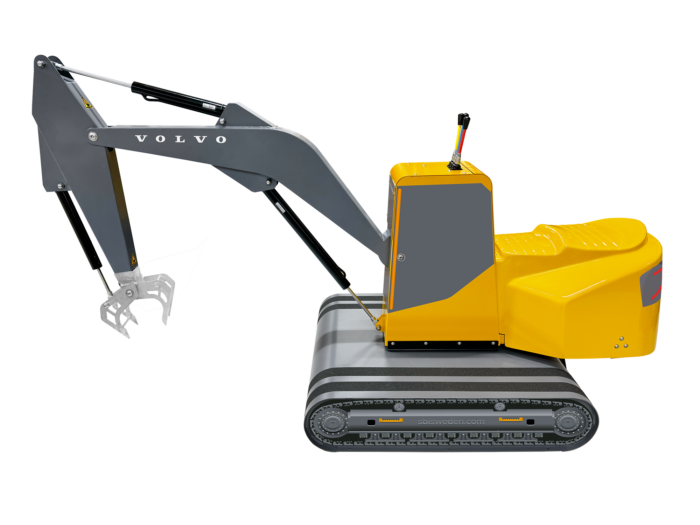 A product image of the Volvo Mini Grabber, showcasing the compact machine with its gripping attachment, designed for efficient handling and lifting tasks