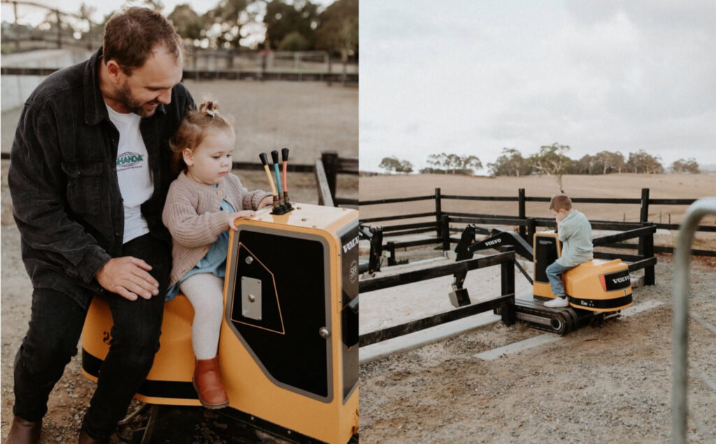 kids playing with mini excavators at a farm park