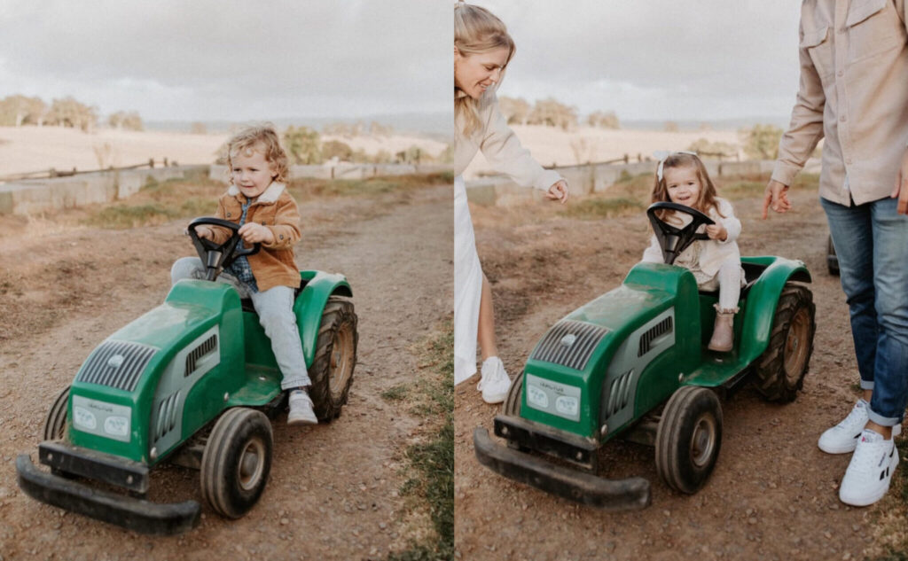 kids riding min tractors at a farm park